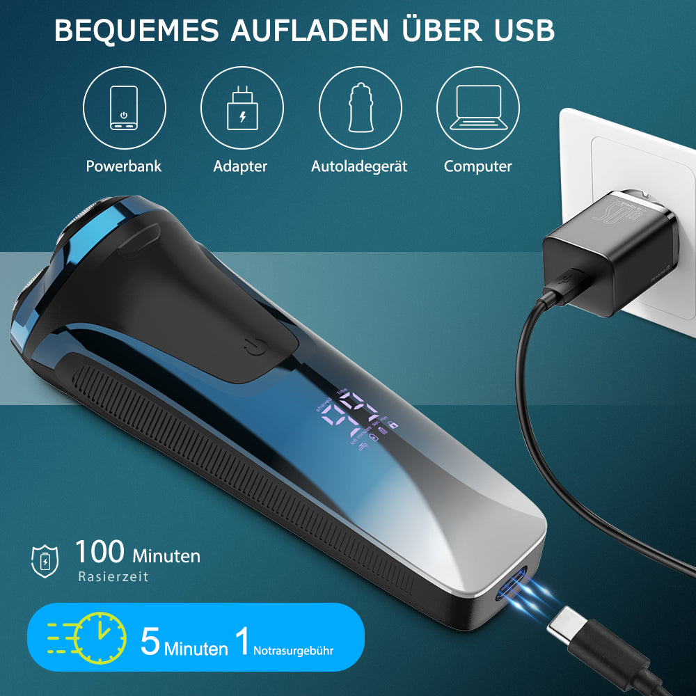 Qimmaol Herrenrasierer Pro: Elektrischer Nass- und Trockenrasierer inkl. GRATIS Reiseetui & 3er Ersatzköpfen